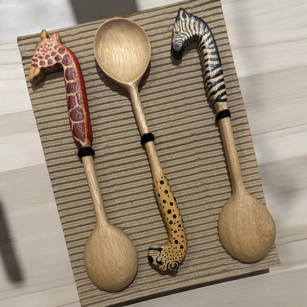 Set Of 3 Animal Head Topped Wooden Cocktail/ Salt Cellar Spoon~Made In Kenya
